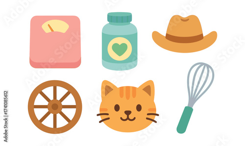 Colorful collection of kitchen, farm, and pet icons in flat style