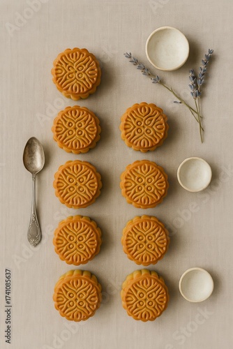 Minimal mooncake flat lay with ceramic cups and spoon on linen background