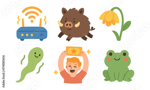 Cute cartoon icons: wildlife, technology, and achievements in a playful style