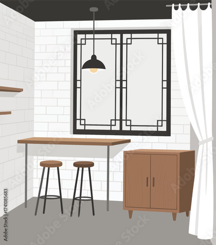 Modern Kitchen Nook with Wooden Table and Bar Stools