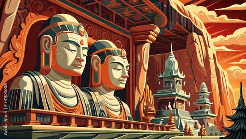 The Longmen Grottoes in China display thousands of Buddha carvings on limestone cliffs, delicate stone artistry lit by subtle sunlight, arranged into balanced and symmetrical vector patterns.