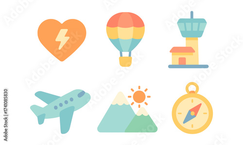 Travel and adventure icons set featuring heart, hot air balloon, airport, airplane, mountains, and compass