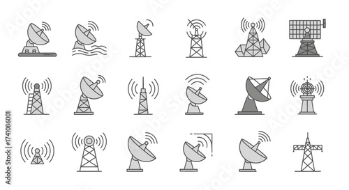 Collection of antenna and communication tower icons in gray outline, showing various designs and signal waves.