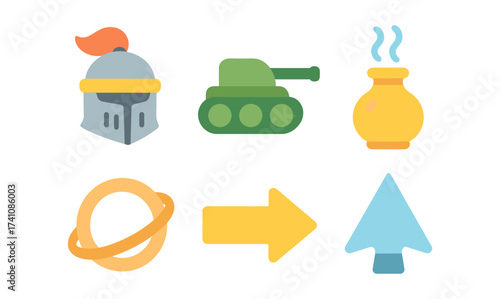 Colorful medieval and modern icons set: helmet, tank, vase, planet, arrow