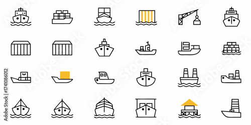 Diverse set of shipping and maritime icons representing freight transport, cargo, global trade, and port operations, perfect for logistics and international business