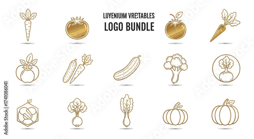 A collection of elegant, golden-toned line art logos featuring various vegetables, ideal for branding.