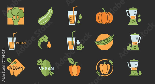 A collection of vibrant, stylized illustrations showcasing various healthy vegan food and drink options.