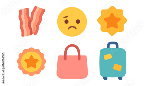 Colorful emoji and food icons with shopping and travel elements