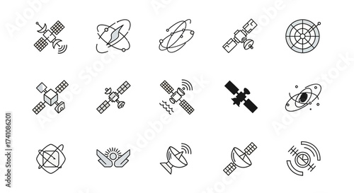 A collection of various satellite icons, illustrating space communication and technology.