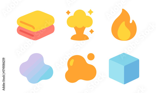 Colorful flat icons: towels, clouds, flames, abstract shapes, cubes