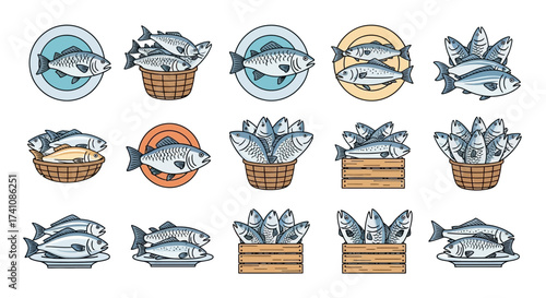 Various illustrations of fish, some in baskets, plates, and crates, presented in a set.