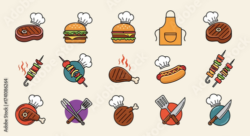 Illustration of various food items associated with grilling and cooking, adorned with chef hats, including steak, burger, and skewers.