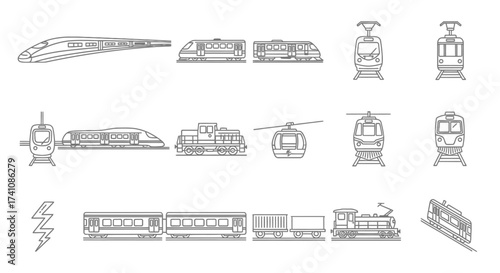 Line art illustration showing various types of trains, including bullet trains, trams, and locomotives, arranged in rows.