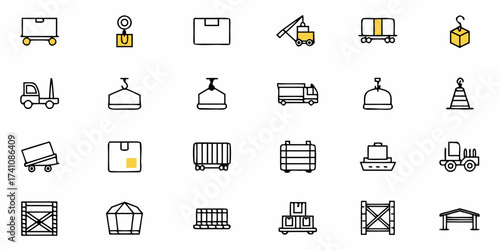 Logistics and shipping icons convey efficient delivery solutions, featuring trucks, cranes, boxes, and transport options for streamlined supply chain designs