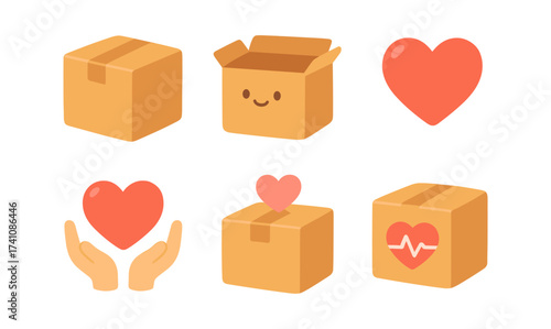 Cute box and heart icon set: smiling packages and love symbols