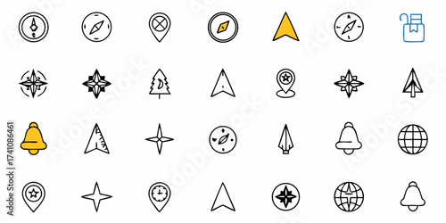 Navigate the world with these crisp, clean icons for travel, location, and exploration, perfect for app design, web interfaces, or any project needing directional flair