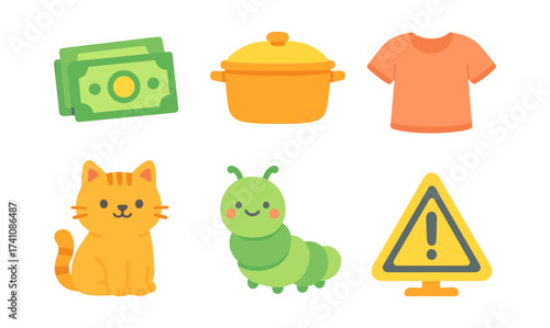 Colorful collection of everyday objects and animals in flat design style