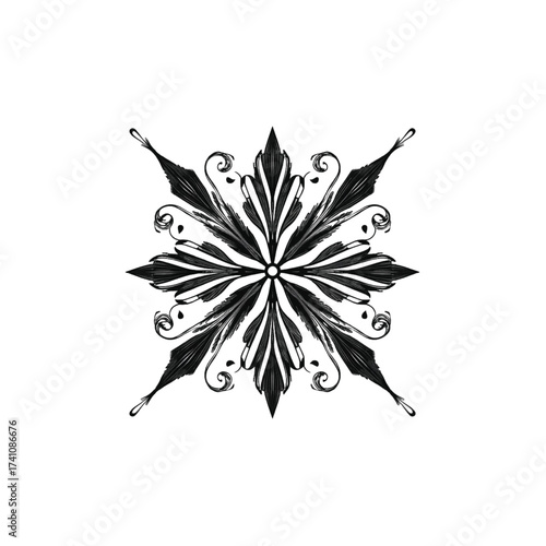 Black ink floral ornament with swirling tendrils white