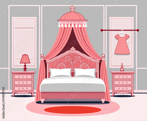 Opulent Pink Bedroom with Canopy Bed and Nightstands