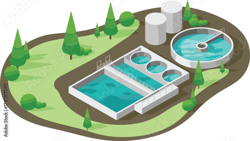 Isometric 3D illustration of wastewater treatment plant, clean water recycling system, sewage purification facility, eco-friendly infrastructure, sustainable environmental engineering design