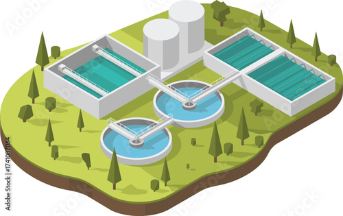 Isometric 3D illustration of wastewater treatment plant, clean water recycling system, sewage purification facility, eco-friendly infrastructure, sustainable environmental engineering design