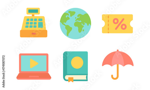 Colorful flat icons collection: cash register, globe, discount ticket, laptop, book, umbrella