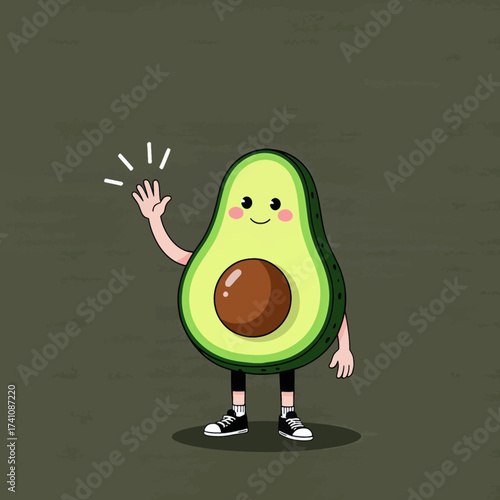Playful Avocado Character Waving on Green Background