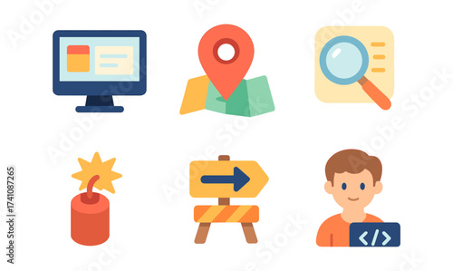 Colorful flat design icons: computer, map, magnifying glass, bomb, signpost, developer