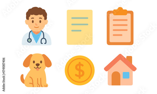 Healthcare and home essentials: cartoon icons of doctor, document, clipboard, dog, coin, and house
