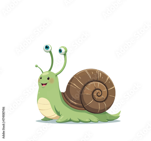 Playful Green Snail with Big Eyes on White Background