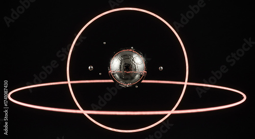 Futuristic science concept of a complex metallic sphere surrounded by glowing red energy rings and orbiting particles