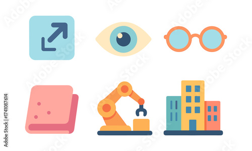 Colorful flat icons: expansion, vision, eyewear, comfort, automation, urban