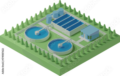 Modern isometric illustration of wastewater treatment plant, clean water recycling facility, industrial sewage purification system