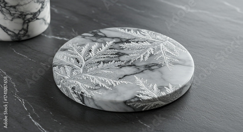 Elegant white marble coaster with a beautifully etched dendritic pattern, a luxurious natural stone accessory for modern home decor on a dark surface