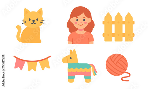 Colorful cartoon icons: cat, woman, fence, garland, pinata, and yarn ball