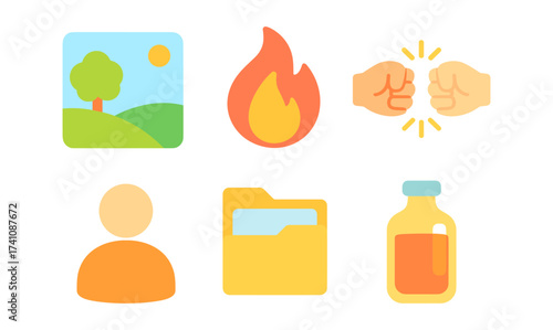 Colorful flat icon set: nature, fire, fist bump, avatar, folder, medicine