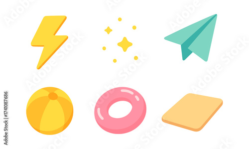 Playful collection: lightning, stars, paper plane, beach ball, donut, and tablet icons