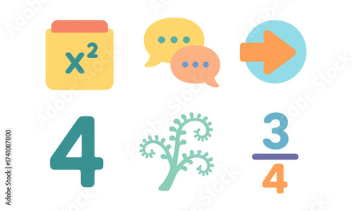 Colorful educational icons collection featuring math, communication, and nature elements