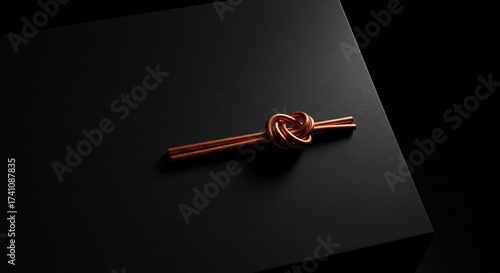 Abstract representation of a difficult challenge or a strong connection, shown as a tied copper knot on a minimalist black surface