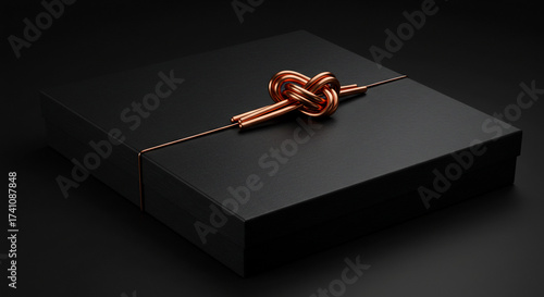 An elegant black gift box tied with a decorative shiny copper cord knot, presented on a dark, sophisticated background as a luxury surprise