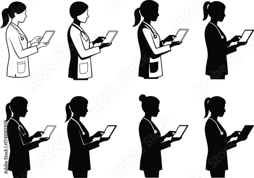 Doctor nurse silhouette, medical staff using tablet, healthcare technology, stethoscope, hospital uniform, digital device, caregiving pose, professional illustration