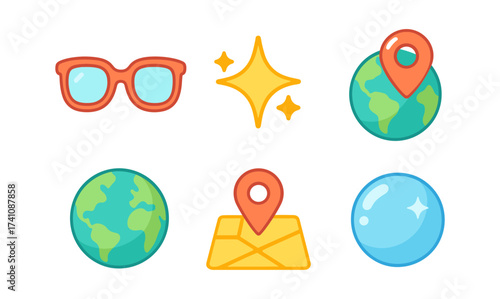 Colorful adventure icons featuring globe, map, and sunglasses