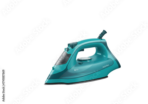 Teal steam iron isolated on transparent background, household appliance for ironing clothes PNG