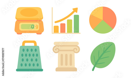 Colorful flat design icons of scale, bar graph, pie chart, grater, column, and leaf