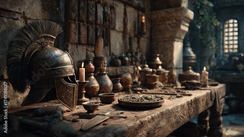 Intricate Still Life Featuring Ancient Helmet, Pottery, and Rustic Workbench