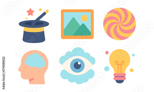 Whimsical flat design icons set featuring magic, art, and creativity elements