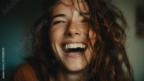 Captivating portrait of a cheerful young woman with a radiant smile and flowing hair