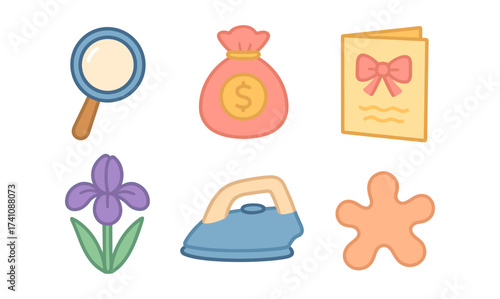 Set of cute colorful icons featuring everyday objects in a minimalist style