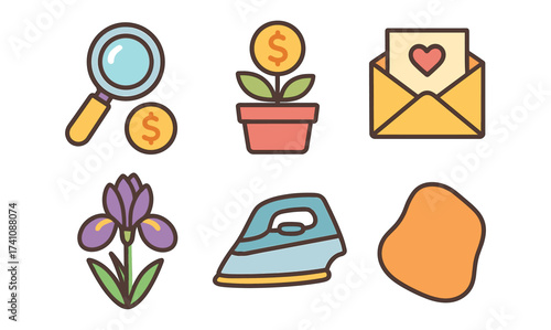 Colorful icon set: magnifying glass, money plant, love letter, flower, iron, shape
