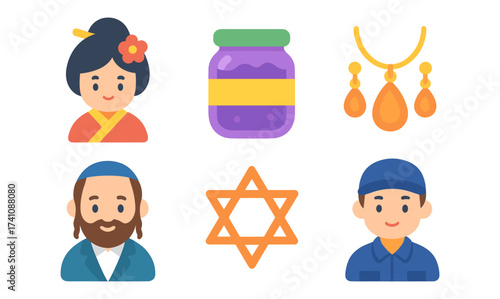Cultural symbols: people in traditional attire, star, honey jar, necklace